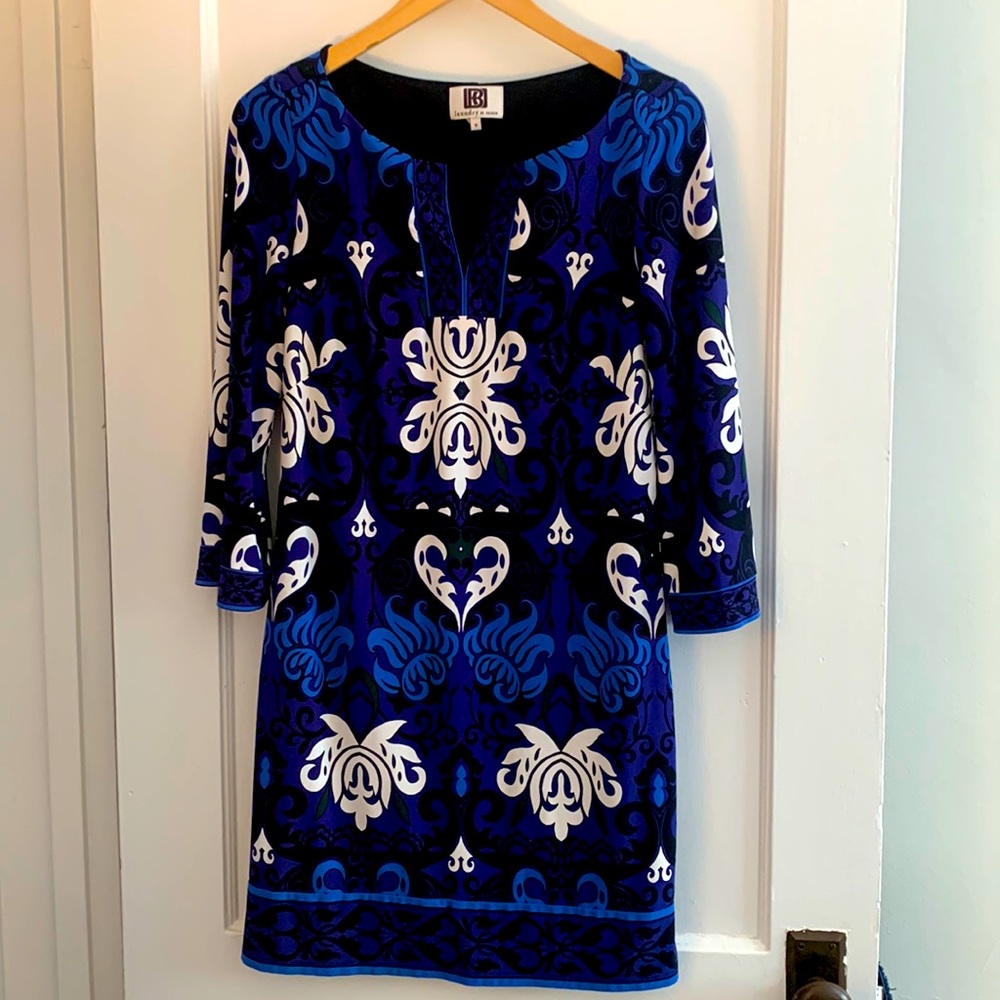 LBD Shelli Segal paisley blue tunic dress.